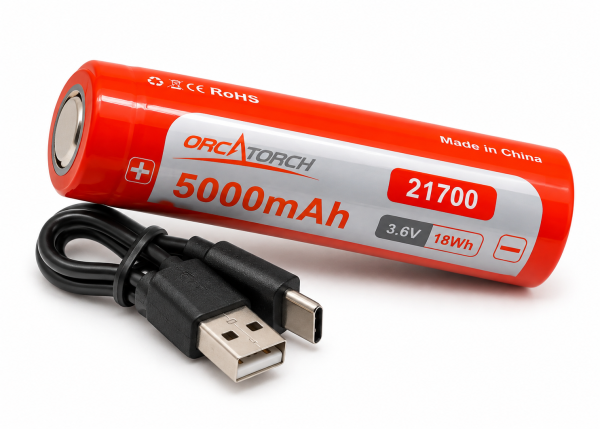 Аккумулятор OrcaTorch тип 21700 5000mAh с USB зарядкой